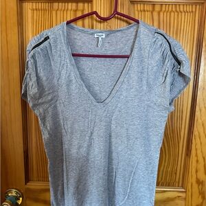 Splendid Light Gray V-Neck Short Sleeve Tee with Shoulder Zip Detail